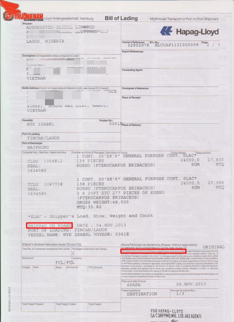 Vai trò của Received for shipment bill of lading